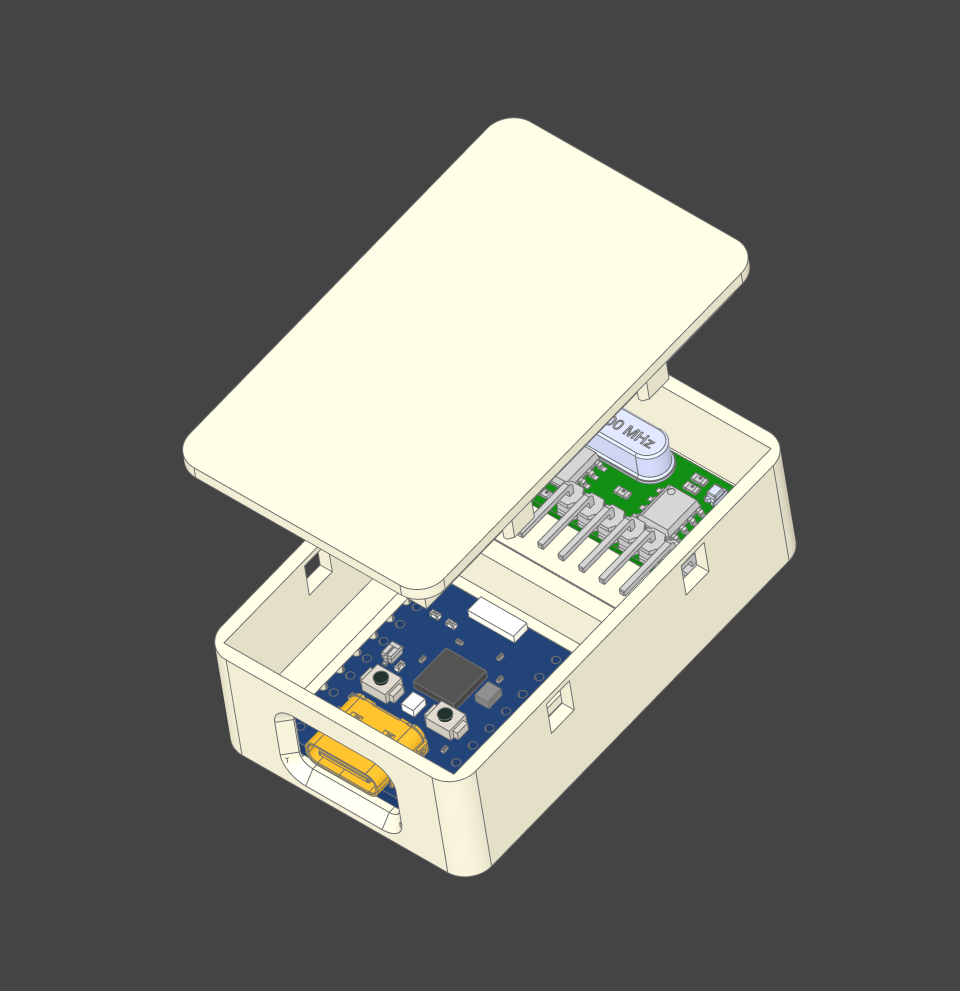A render of the enclosure with the Waveshare ESP32-C6-Zero and the RX480E-4 433 MHz receiver module inside it.